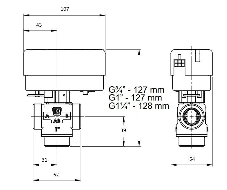 COMFORT 3-Wege-Zonenventil DN 25 (1) ohne Motor IG Kvs-Wert 8,0cbm/h